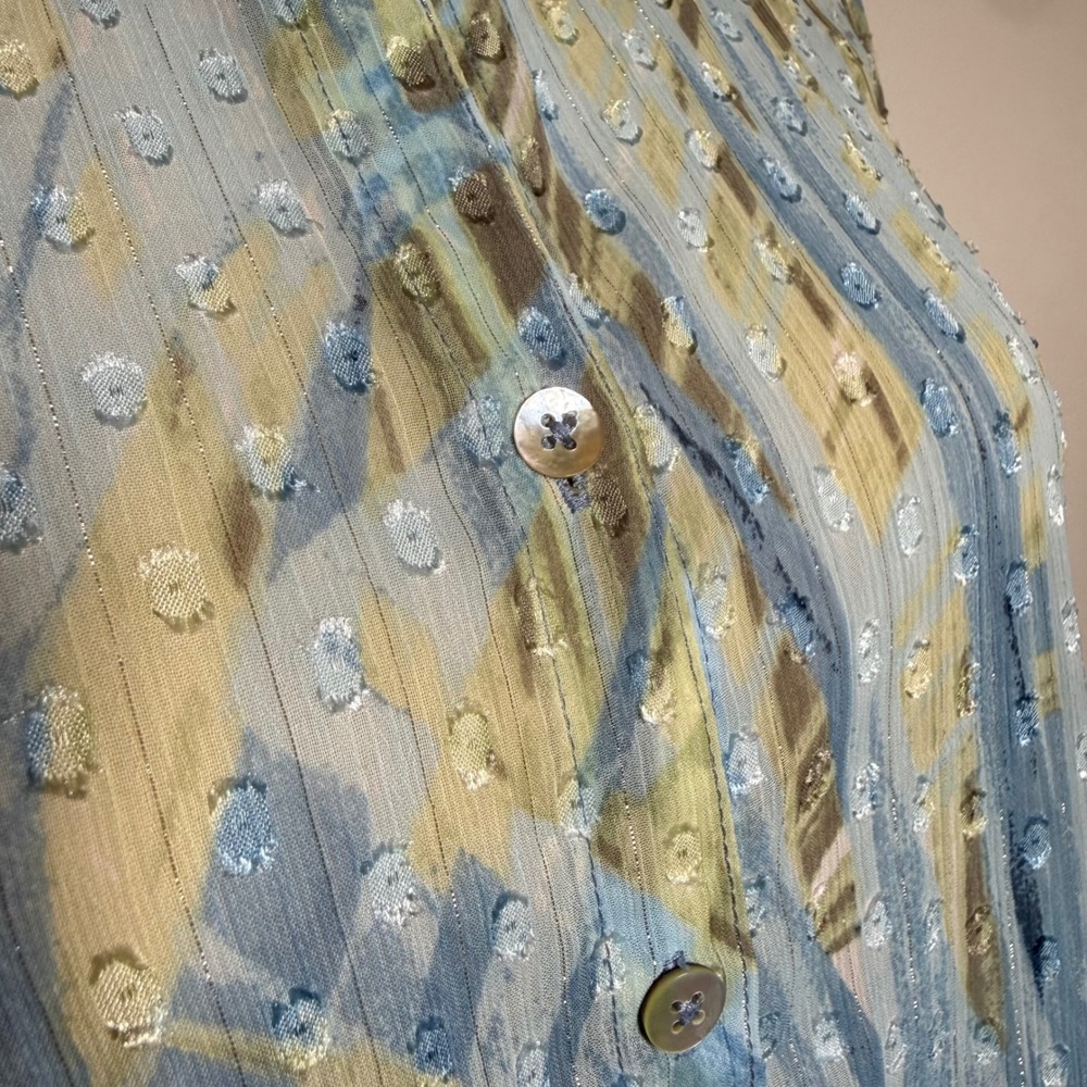 Chico's Abstract Palm Print Clip Dot Metallic Blouse Blue Green Size 1 Medium - Picture 6 of 12